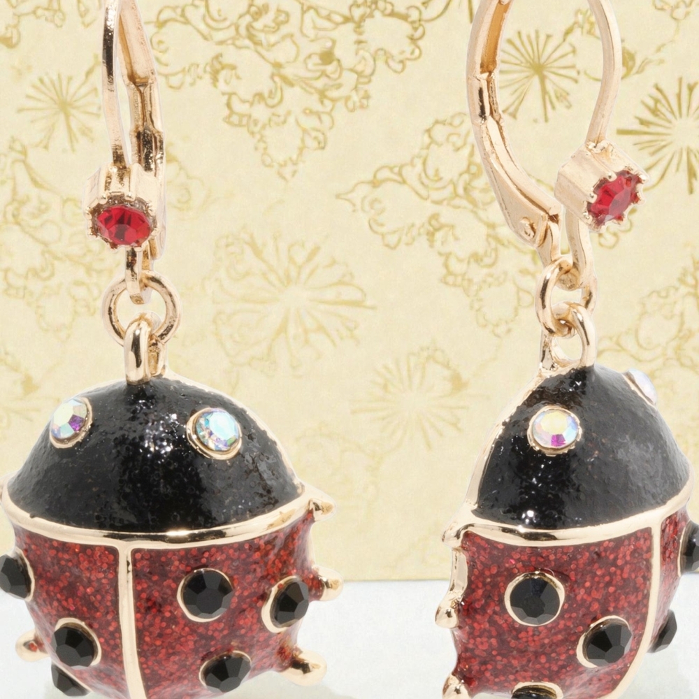 NEW Betsey Johnson Ladybug Leverback Dangle Earrings Gold Tone Red Crystals NWT - Picture 2 of 5